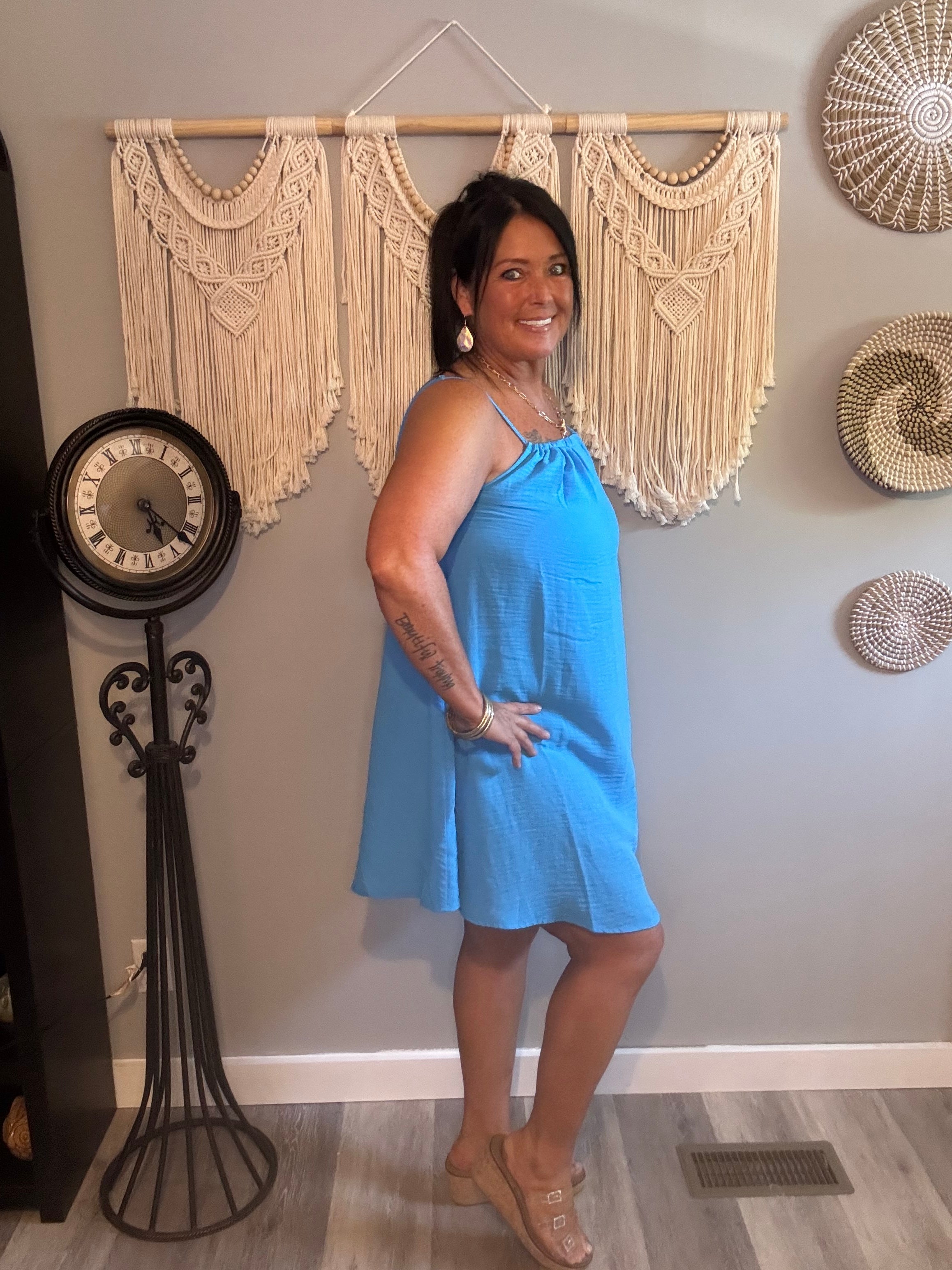 Zenana Sky Blue Gathered Neck Spaghetti Strap Mini Dress