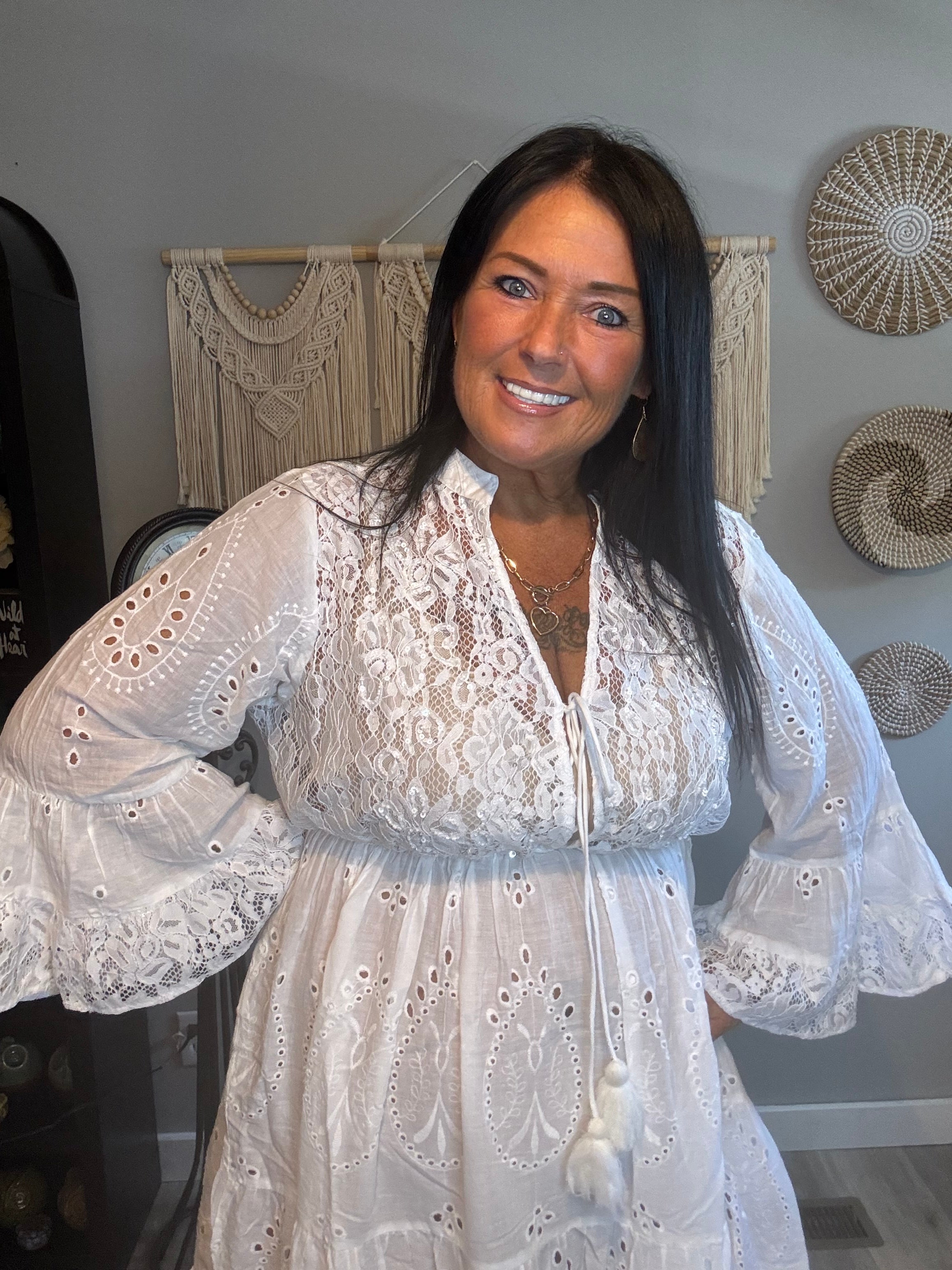 White Eyelet Bell Sleeve Boho Dress