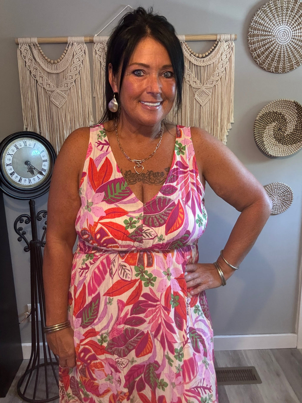Easel Dragon Fruit Tropical Leaf Maxi Dress