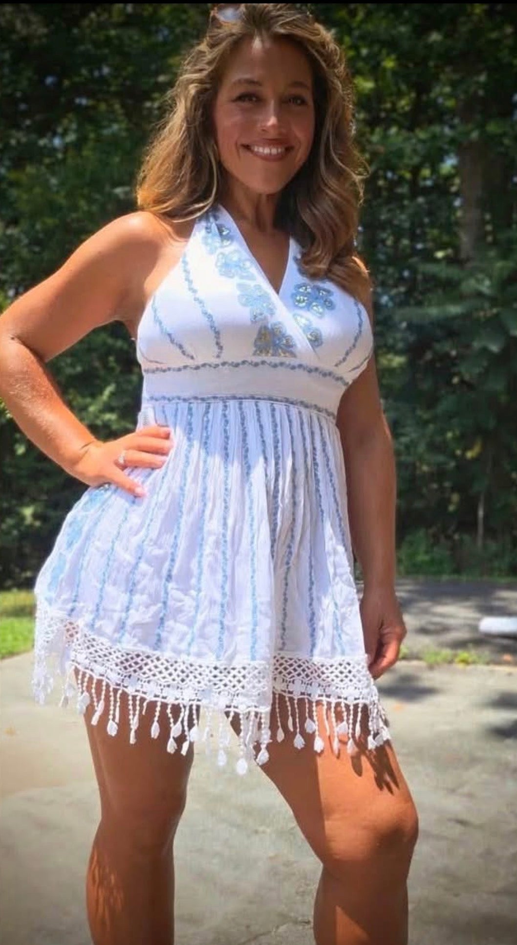 POL White Sequin Floral Halter Mini Dress