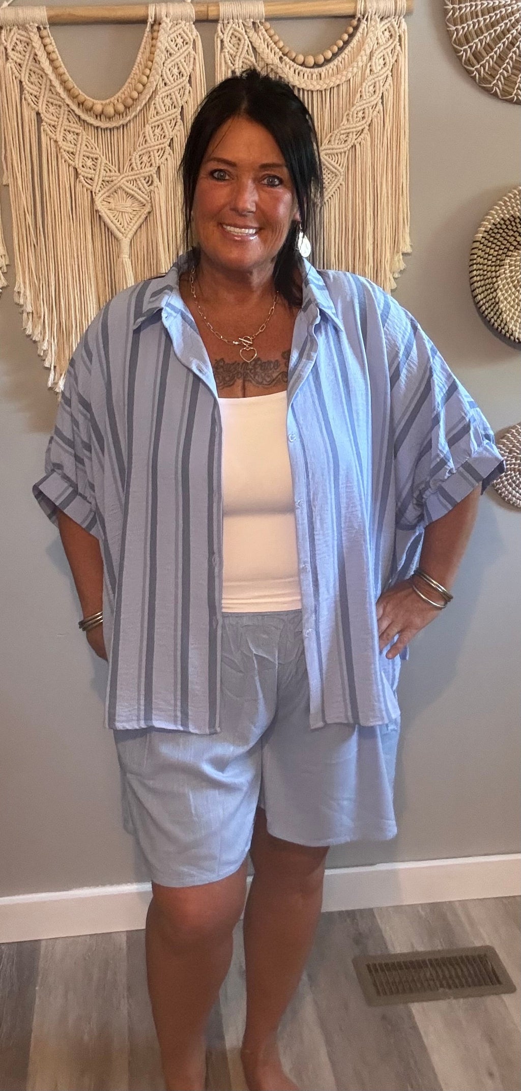 Zenana Blue Stripe 3-Piece Set: Shirt, Tank Top & Shorts