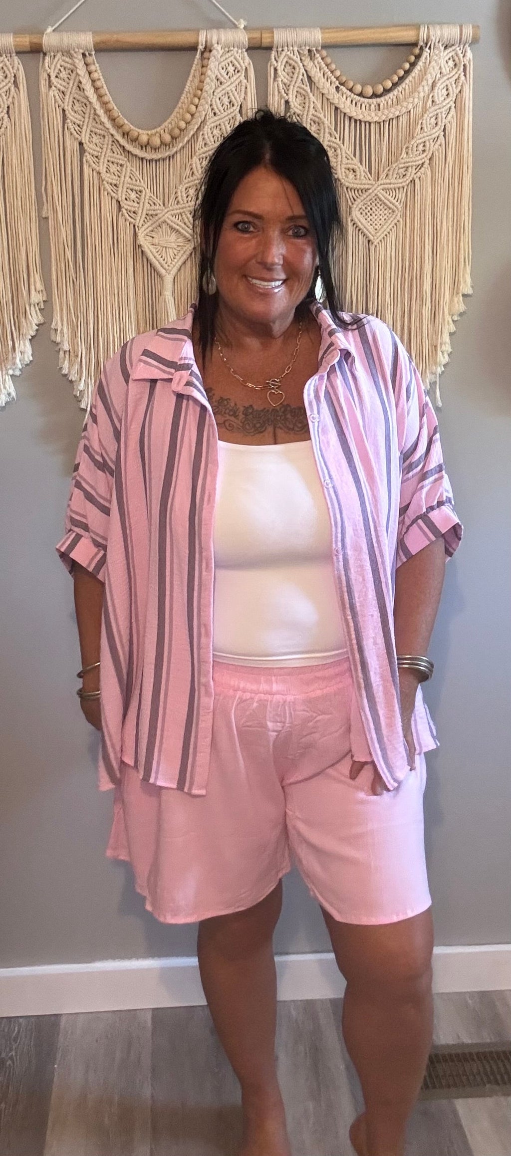 Zenana Pink Stripe 3-Piece Set: Shirt, Tank Top & Shorts