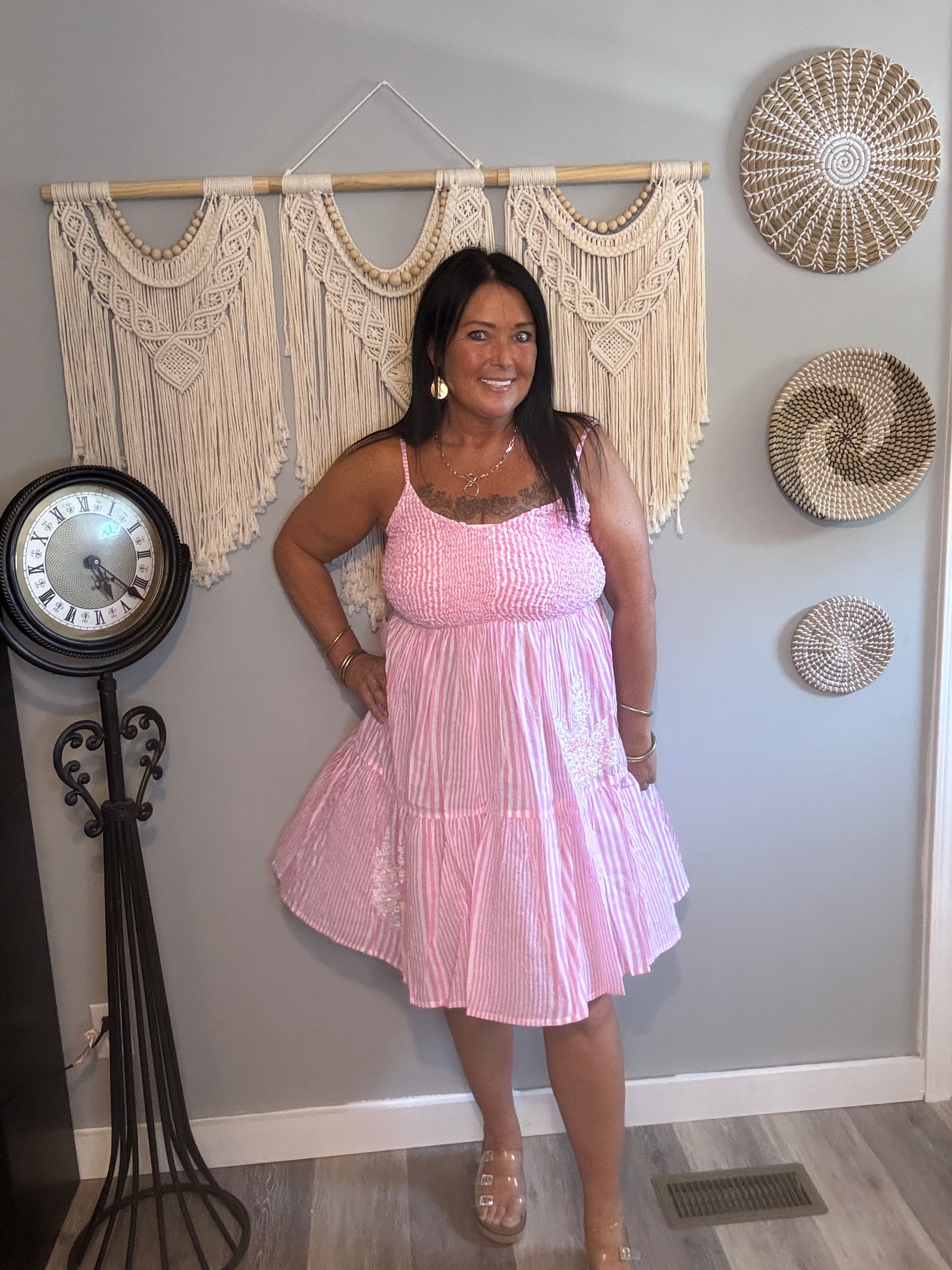 POL Pink Stripe Smocked Tiered Sundress