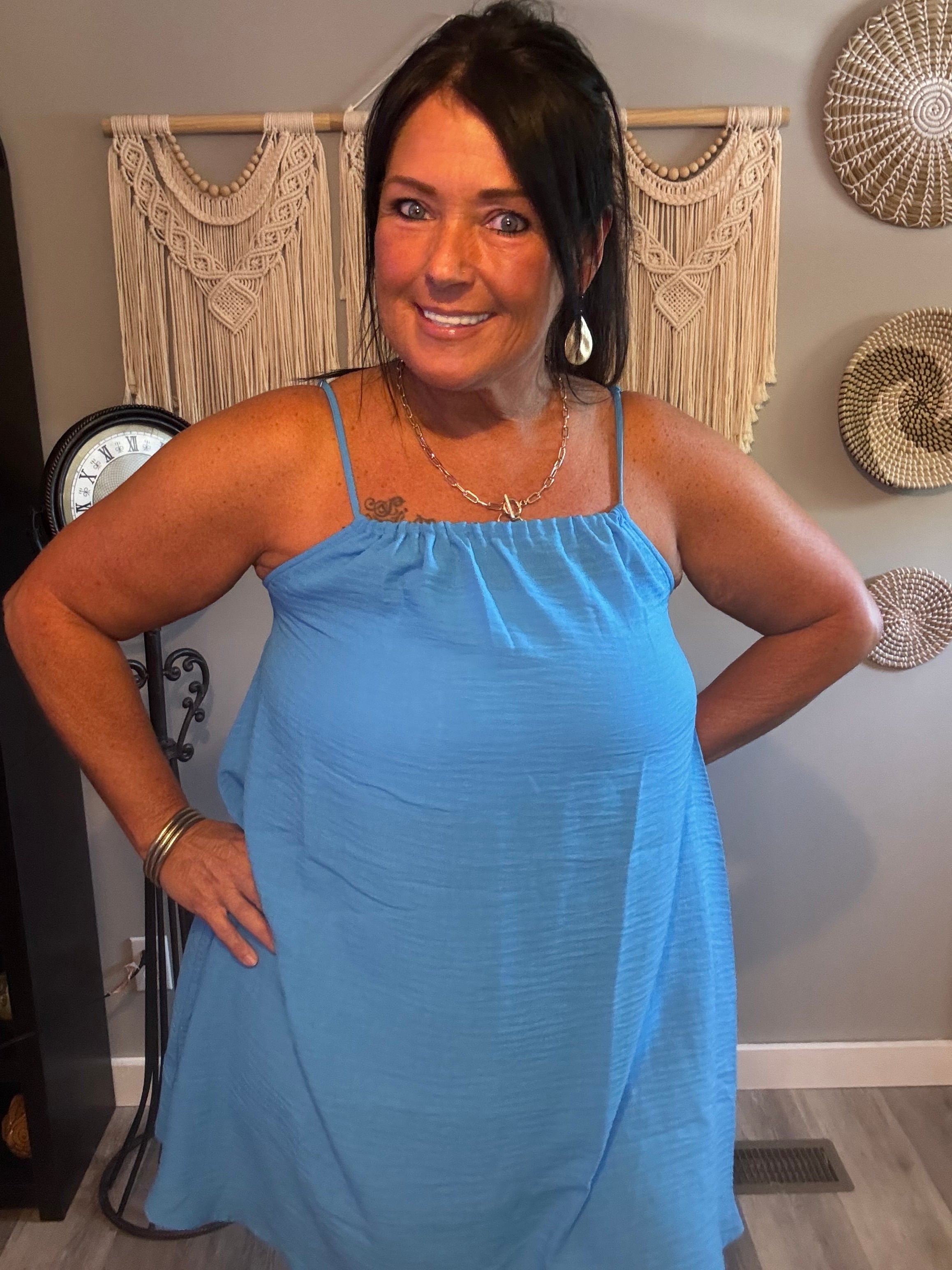 Zenana Sky Blue Gathered Neck Spaghetti Strap Mini Dress