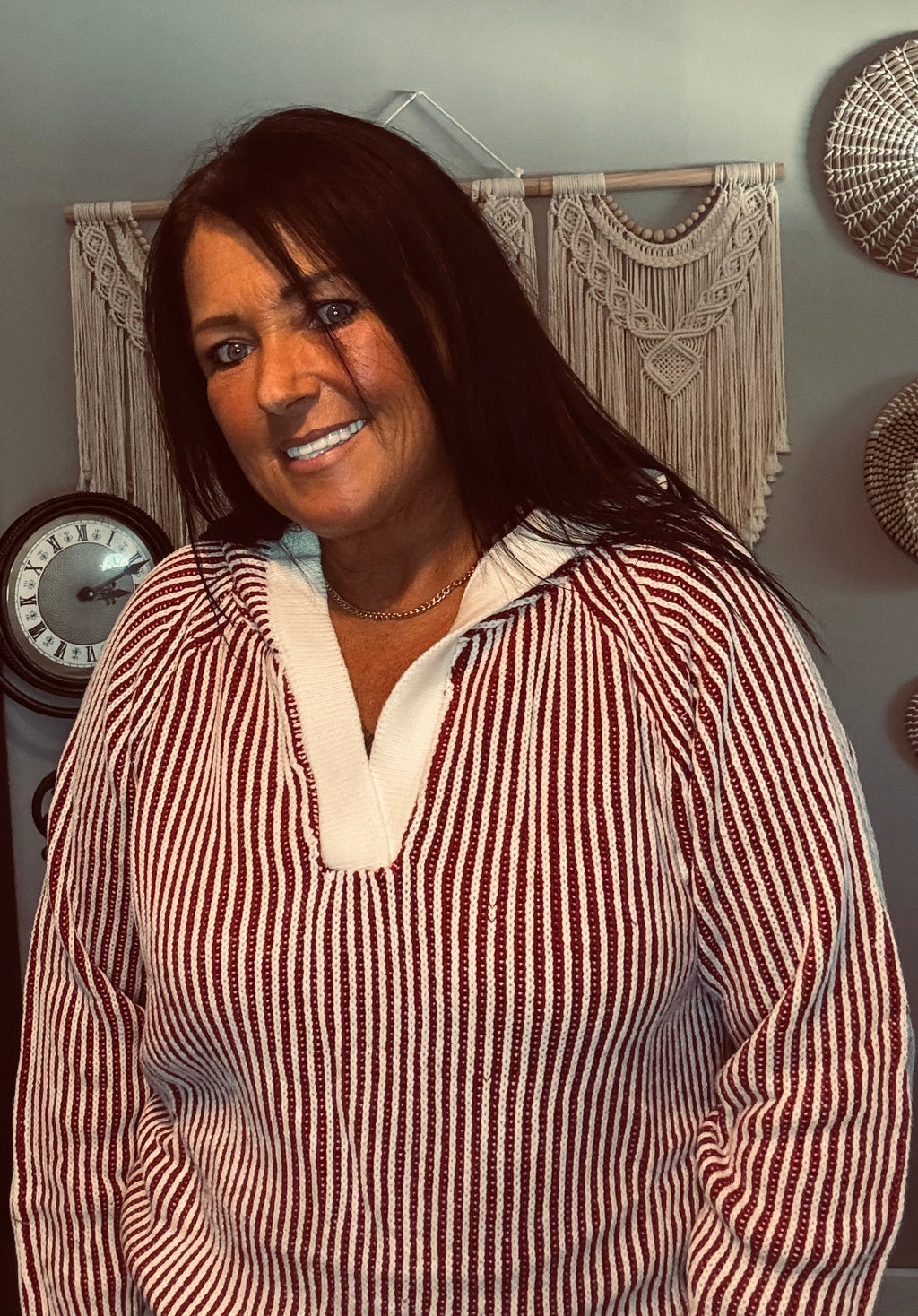 Lov Lov Burgundy & White Stripe V-Notch Pullover