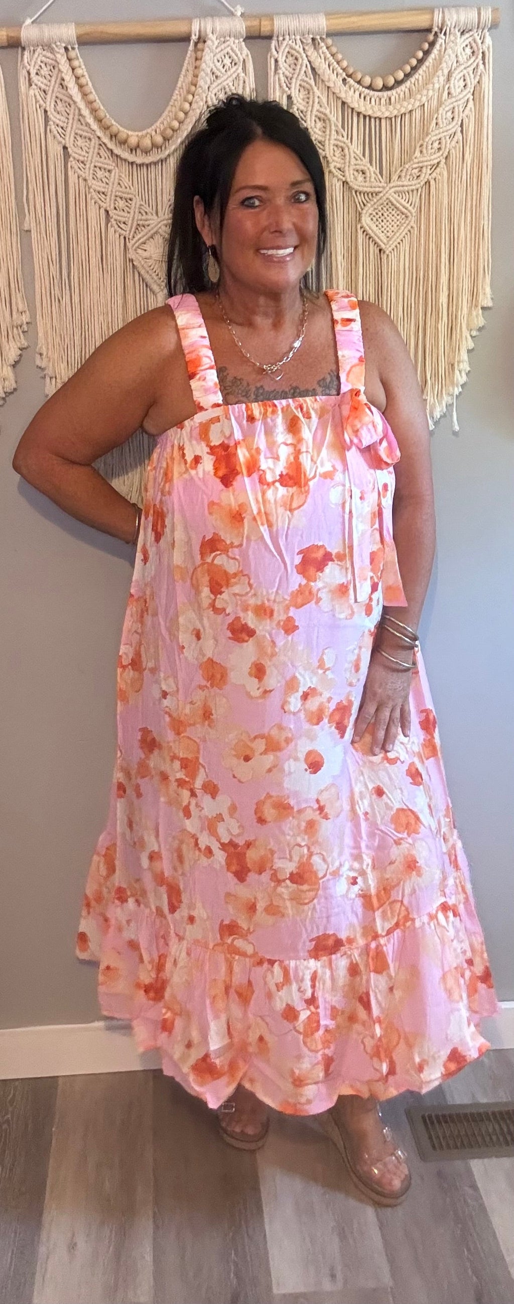Easel Pink & Orange Watercolor Floral Ruffle Strap Maxi Dress