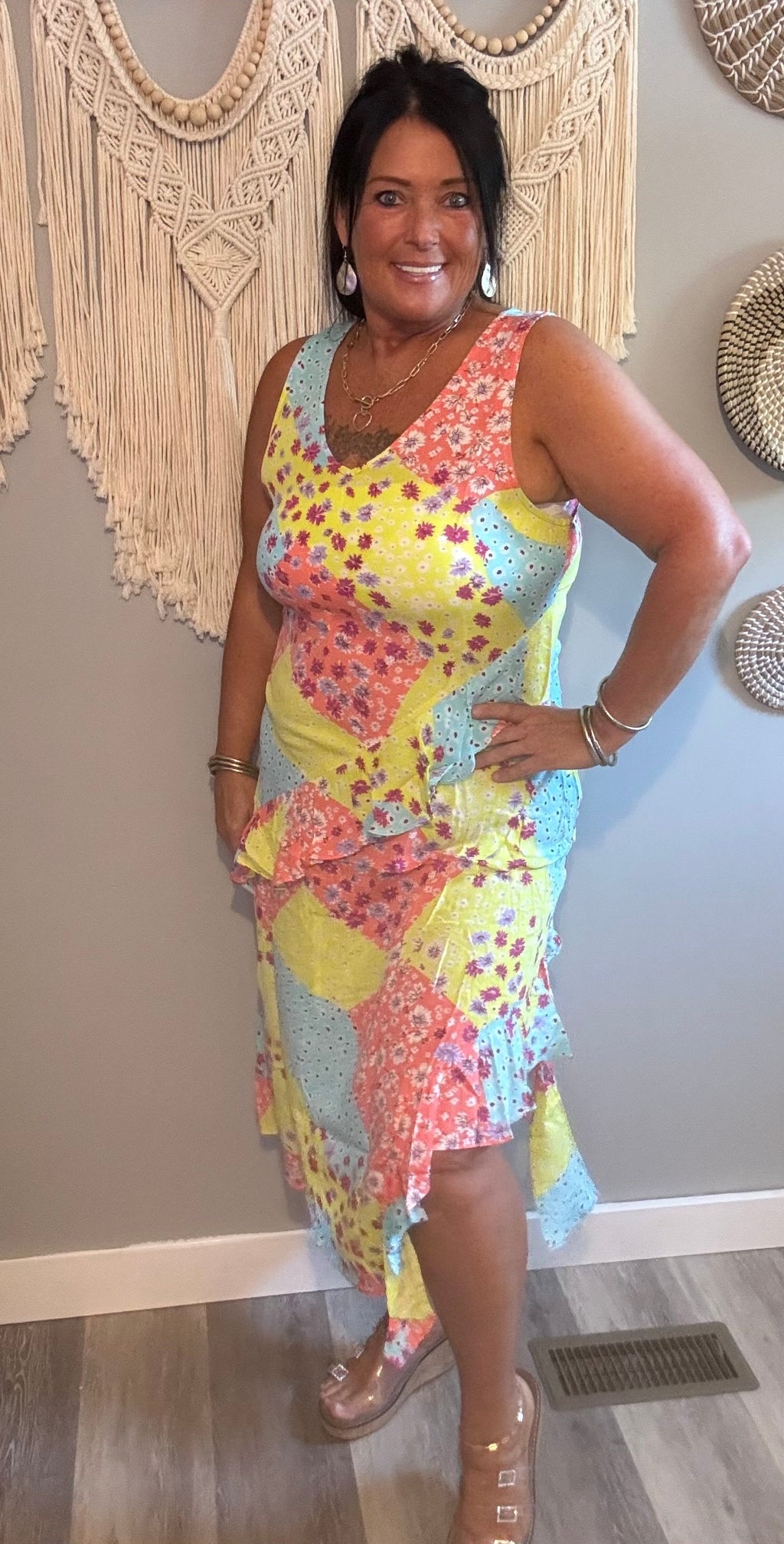 Easel Pastel Patchwork Floral Ruffle Midi Dress
