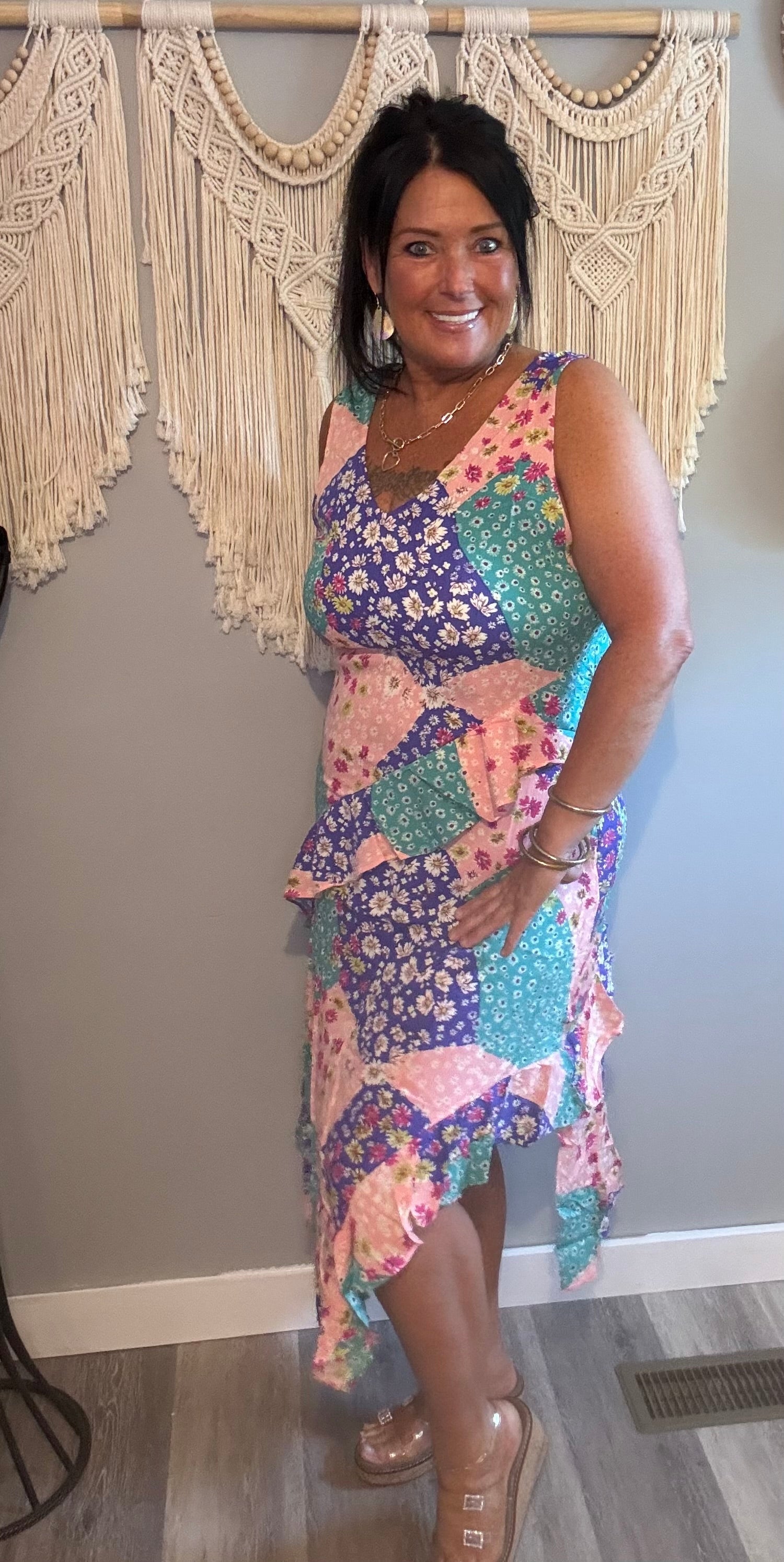 Easel Patchwork Floral Ruffle Midi Dress