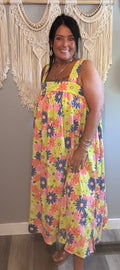 Easel Retro Daisy Print Square Neck Midi Dress