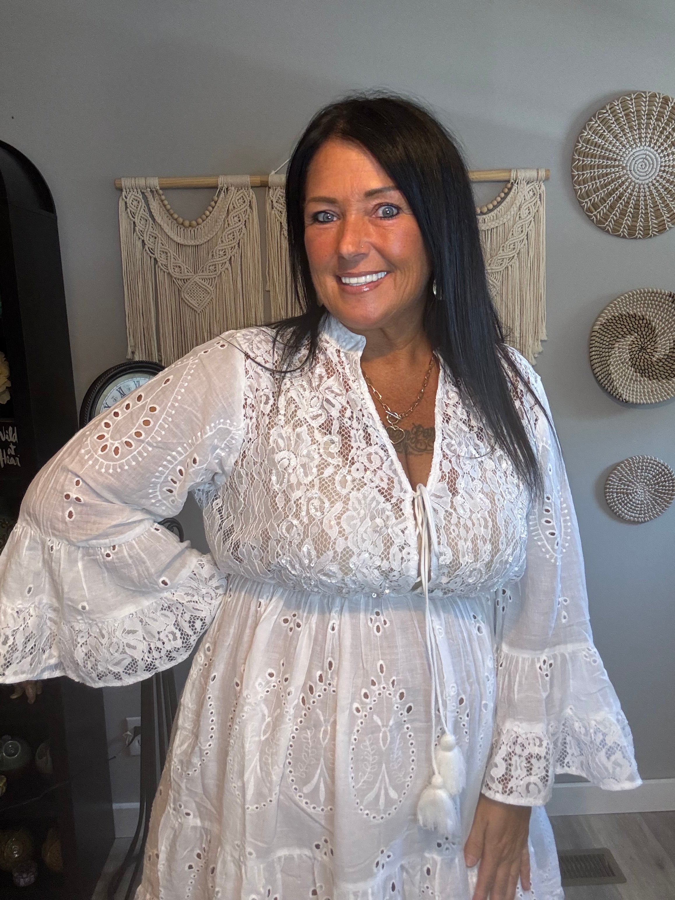 White Eyelet Bell Sleeve Boho Dress