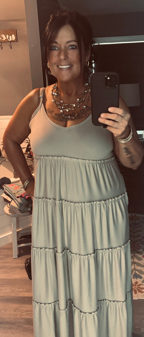 Boho Zenana Khaki Tiered Maxi Dress with Pockets