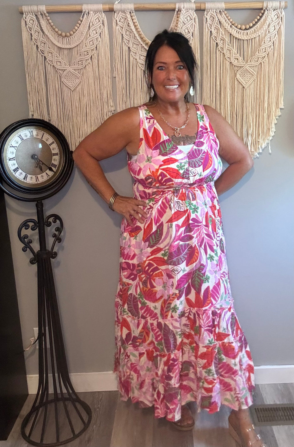 Easel Dragon Fruit Tropical Leaf Maxi Dress