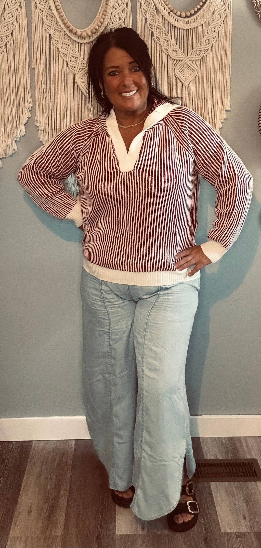 Lov Lov Burgundy & White Stripe V-Notch Pullover