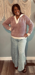 Lov Lov Burgundy & White Stripe V-Notch Pullover