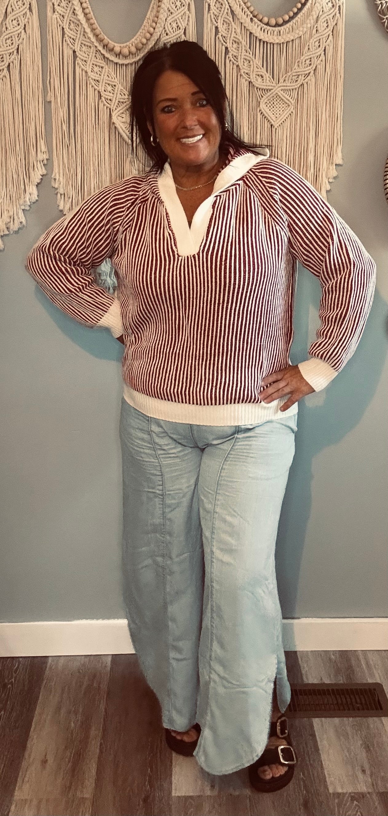 Lov Lov Burgundy & White Stripe V-Notch Pullover