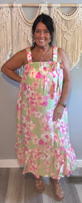 Easel Pink & Green Watercolor Floral Ruffle Maxi Dress will fit 2x & 3x