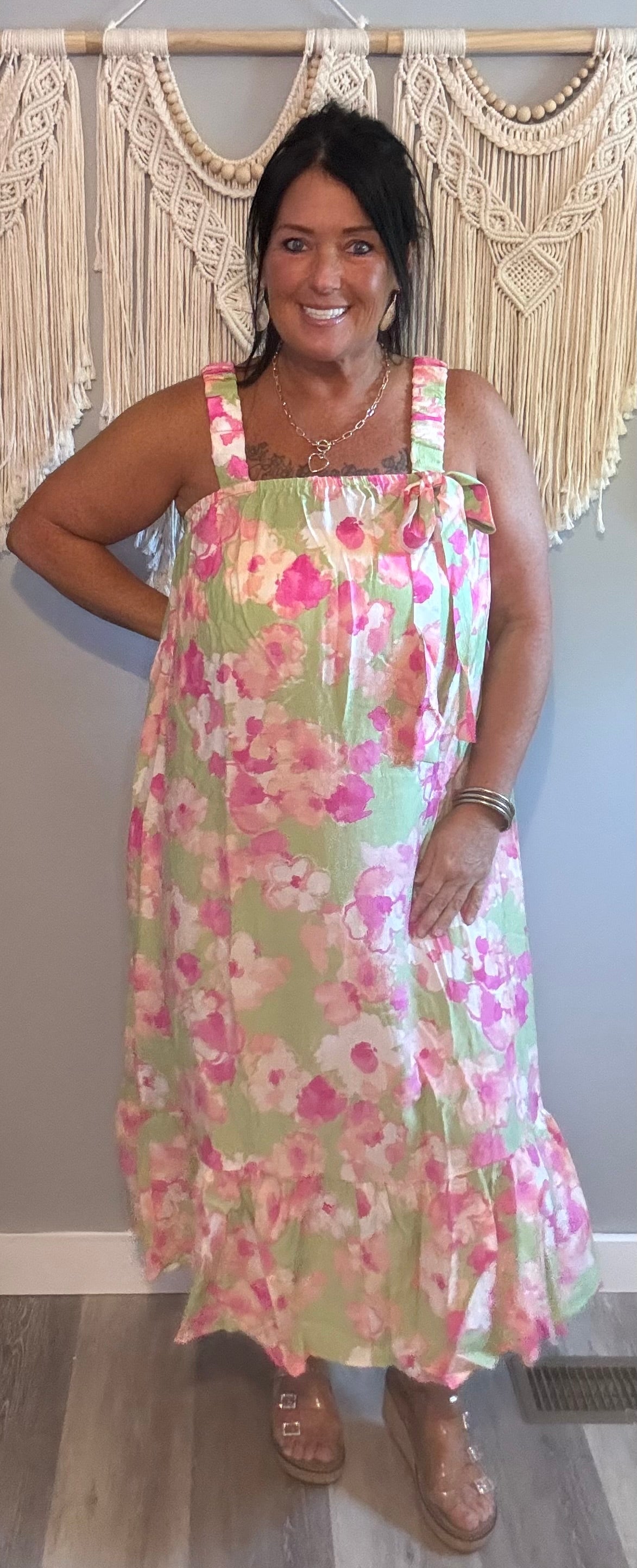 Easel Pink & Green Watercolor Floral Ruffle Maxi Dress will fit 2x & 3x