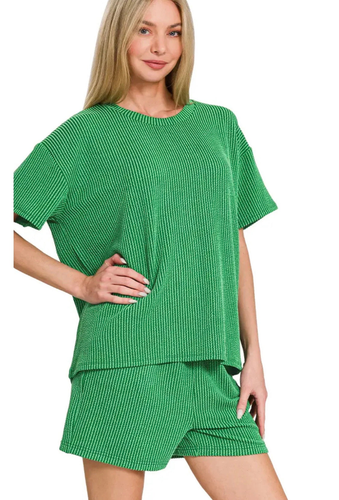 Zenana Ribbed Green Shirt Set