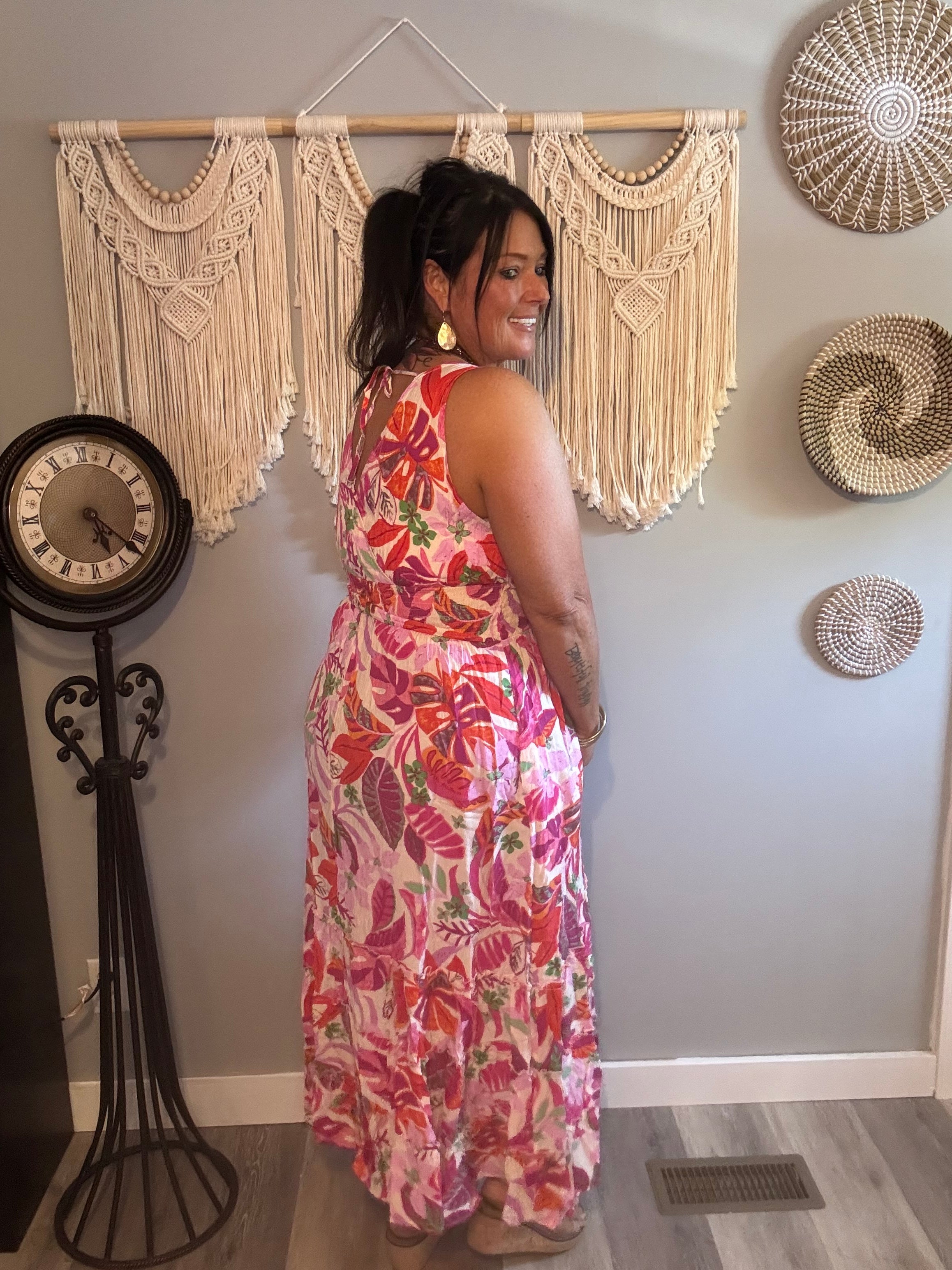 Easel Dragon Fruit Tropical Leaf Maxi Dress