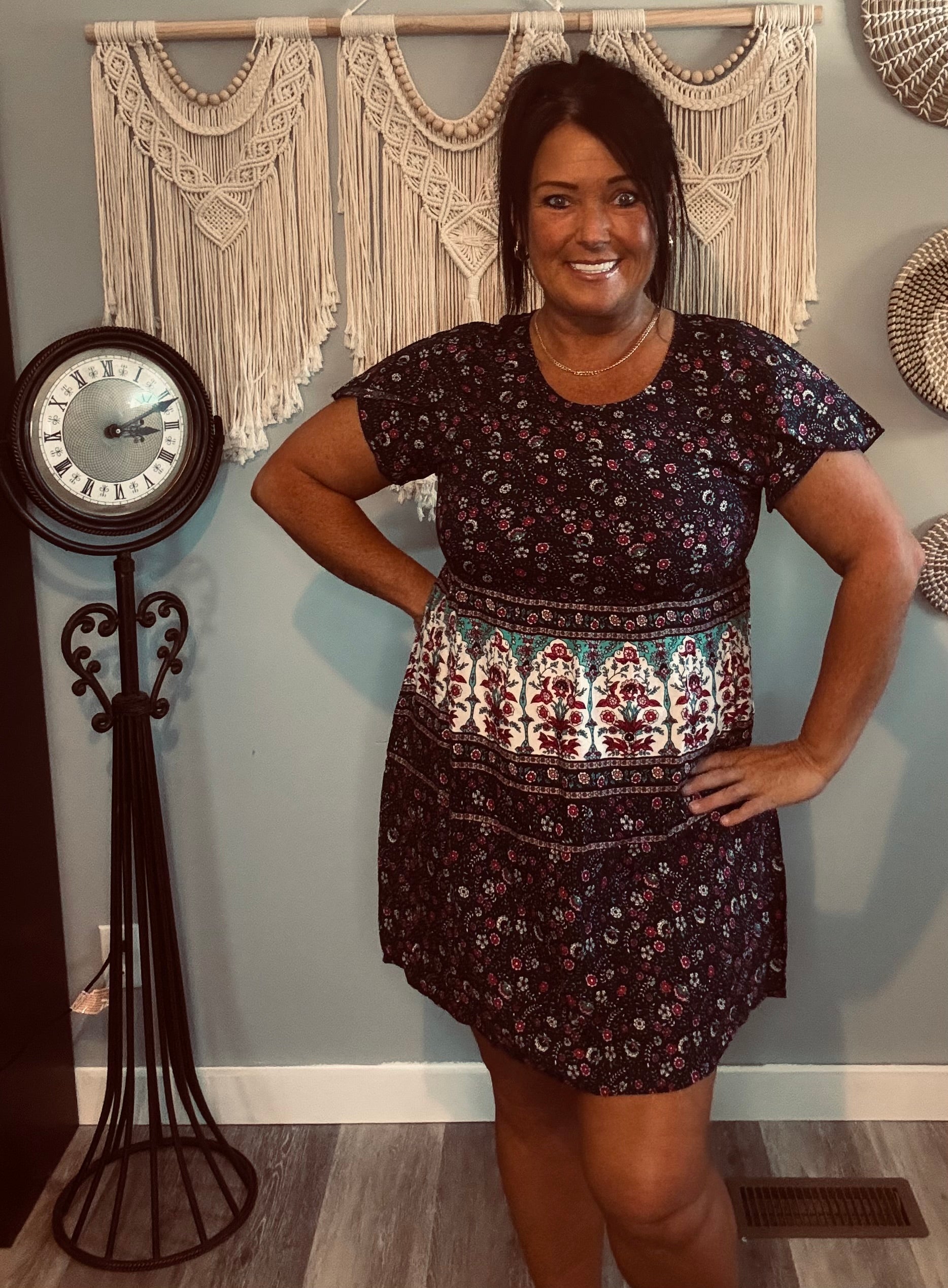 Yak & Yeti Navy Floral Border Print Dress with Pockets