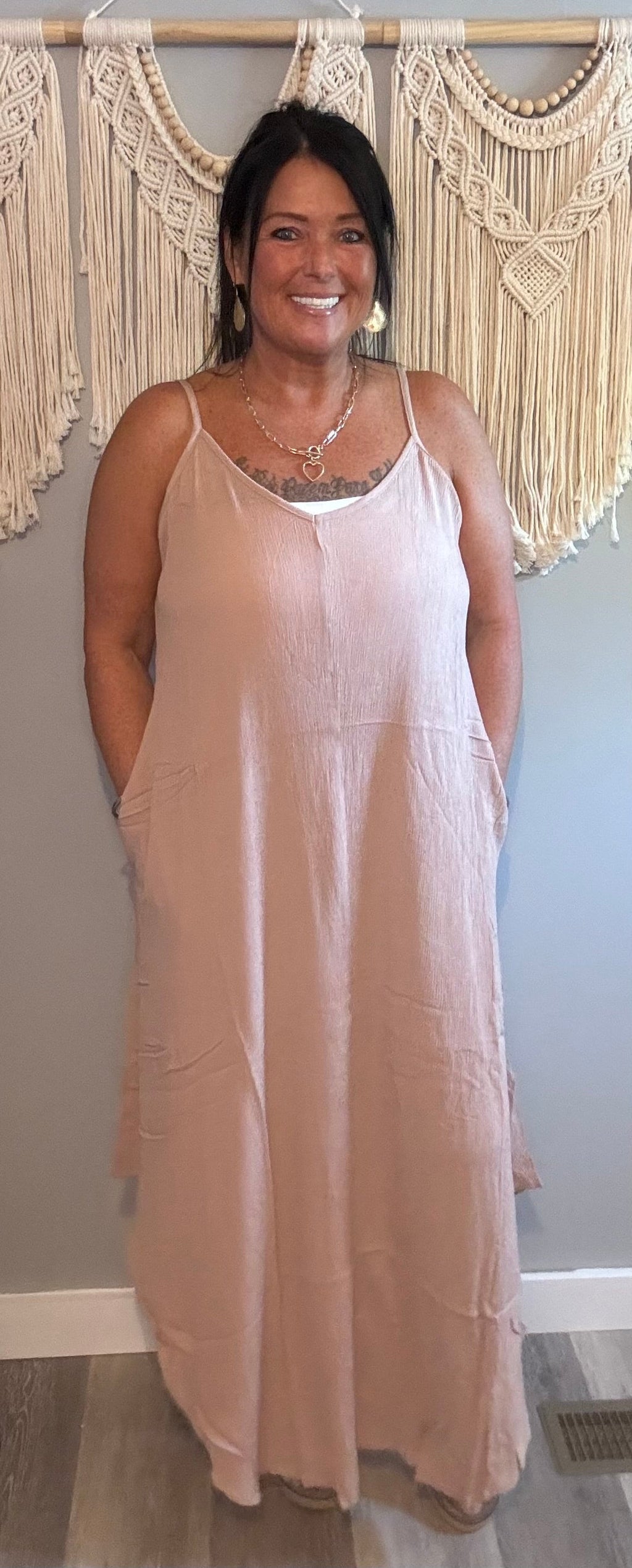 Zenana Blush Crinkle Spaghetti Strap Maxi Dress with Pockets will fit 2x & 3x