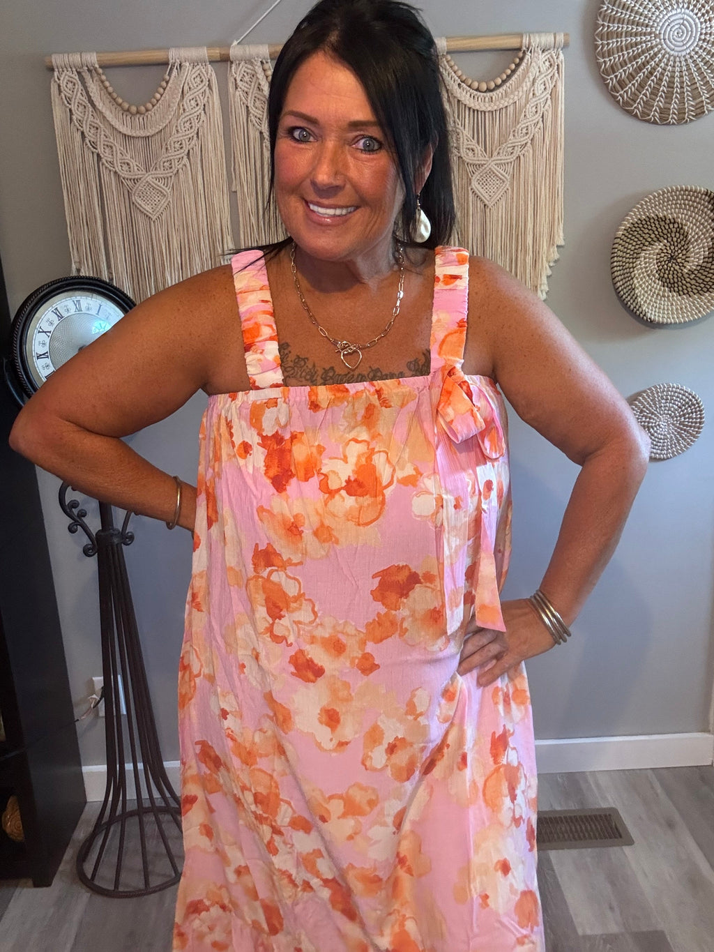 Easel Pink & Orange Watercolor Floral Ruffle Strap Maxi Dress