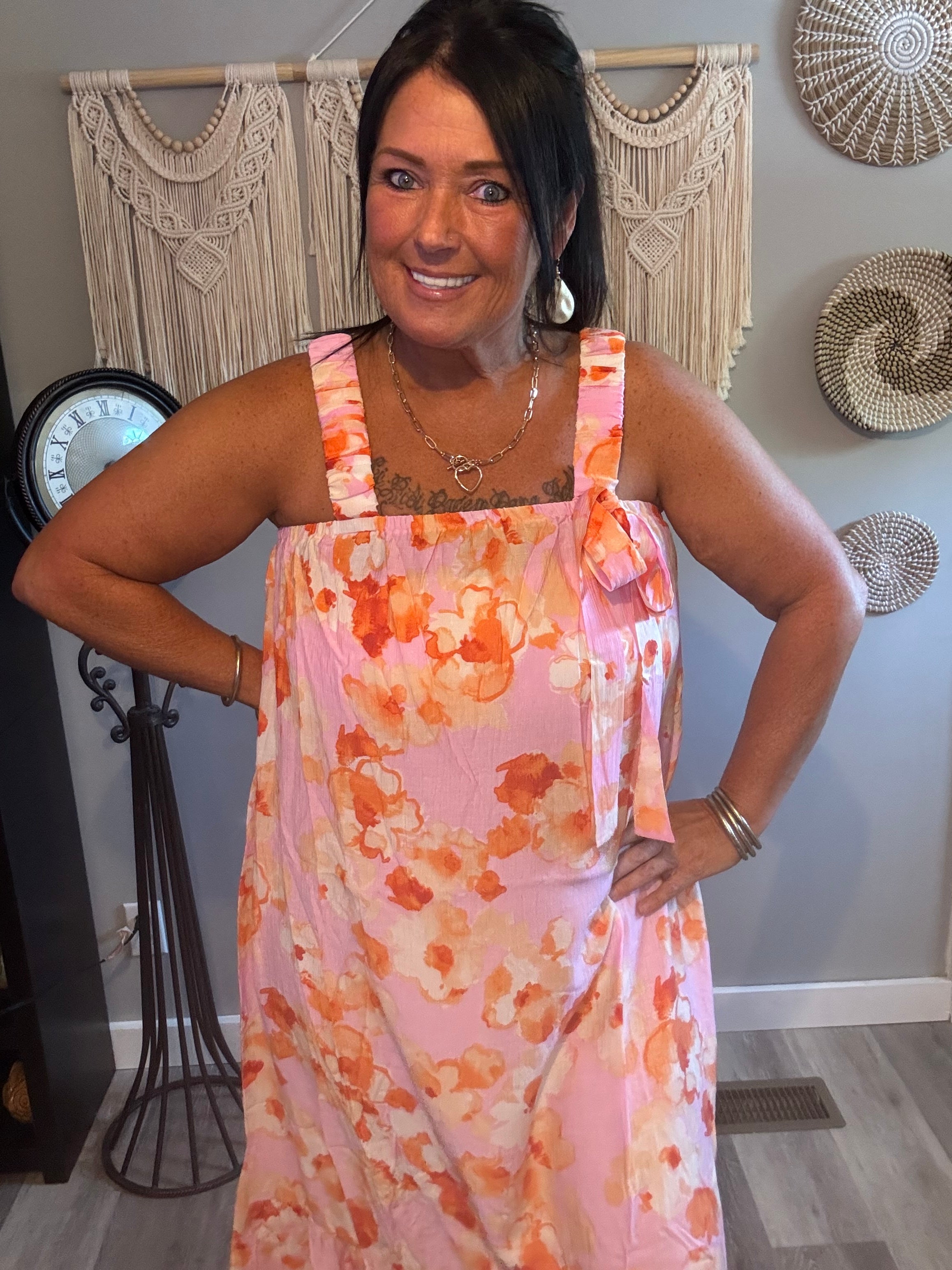 Easel Pink & Orange Watercolor Floral Ruffle Strap Maxi Dress