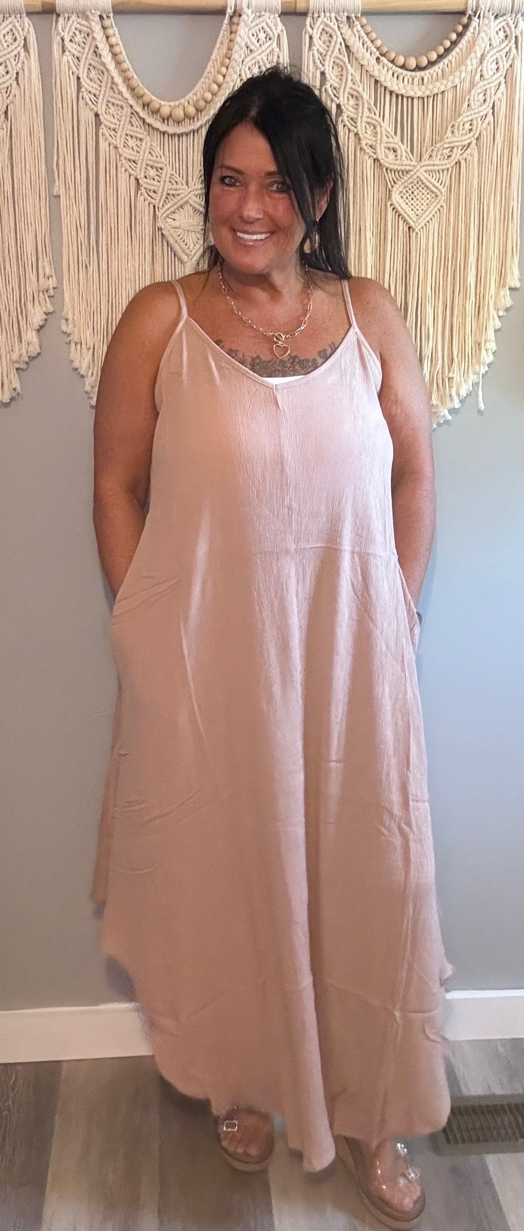 Zenana Blush Crinkle Spaghetti Strap Maxi Dress with Pockets will fit 2x & 3x