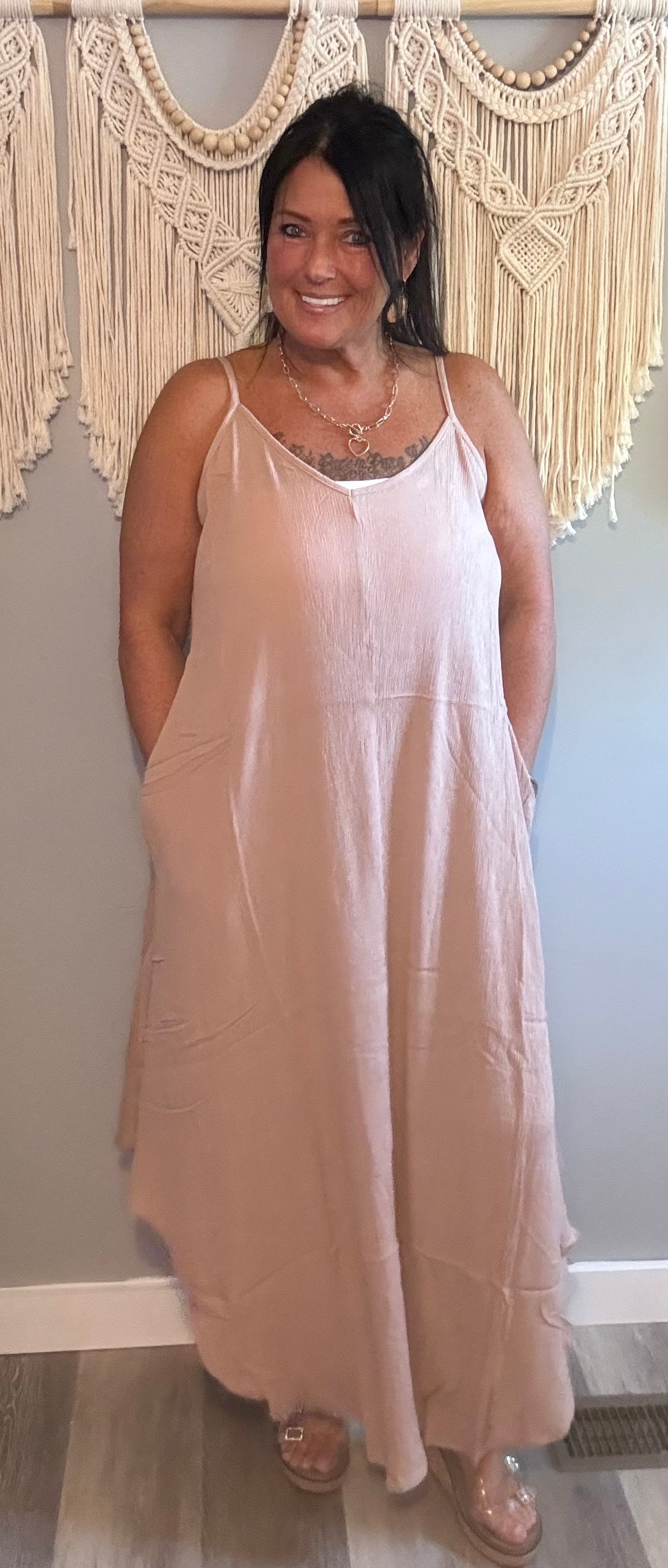 Zenana Blush Crinkle Spaghetti Strap Maxi Dress with Pockets will fit 2x & 3x