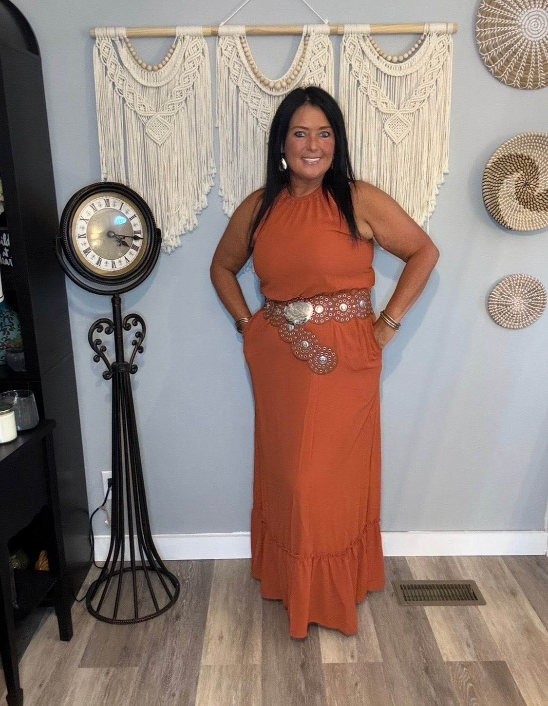 Rust Halter Neck Ruffle Hem Maxi Dress Large