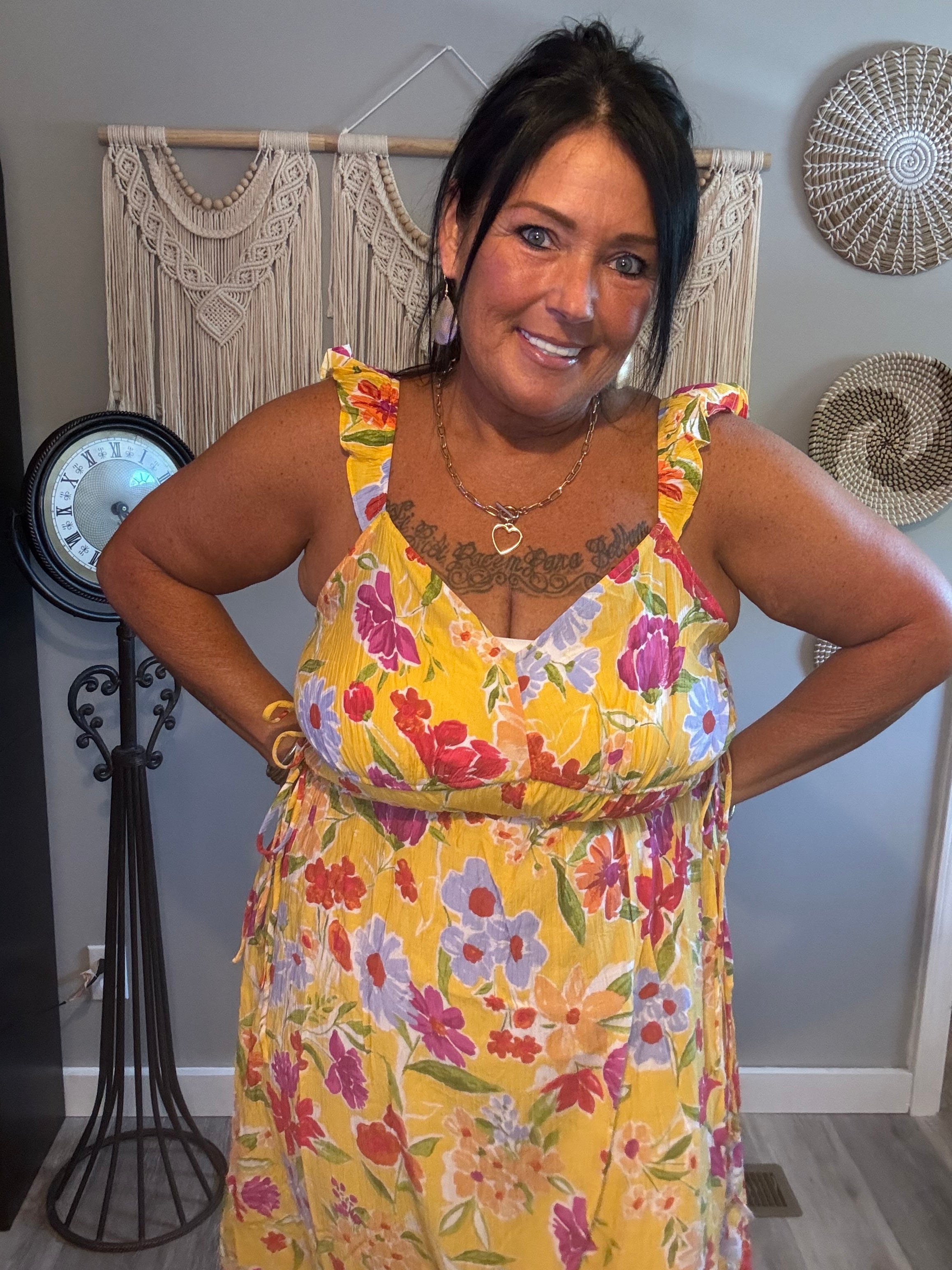 Easel Yellow Floral Ruffle Strap Maxi Dress