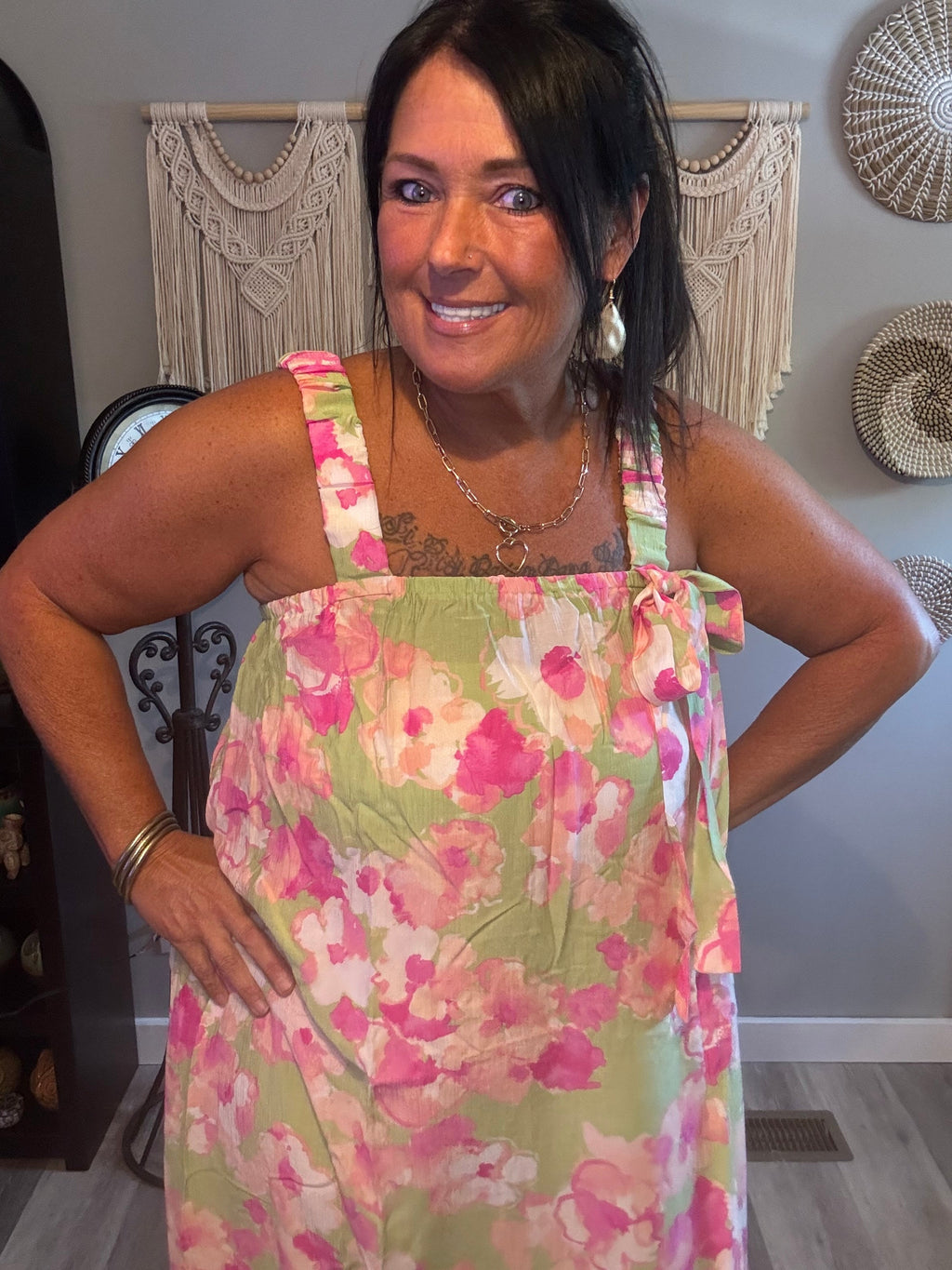 Easel Pink & Green Watercolor Floral Ruffle Maxi Dress will fit 2x & 3x