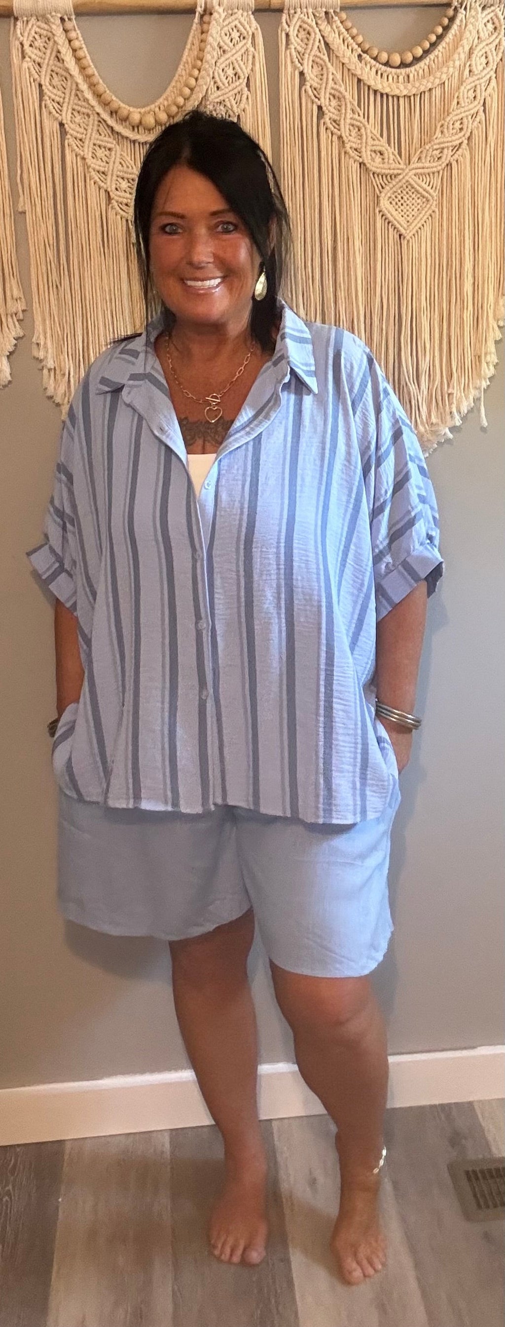 Zenana Blue Stripe 3-Piece Set: Shirt, Tank Top & Shorts