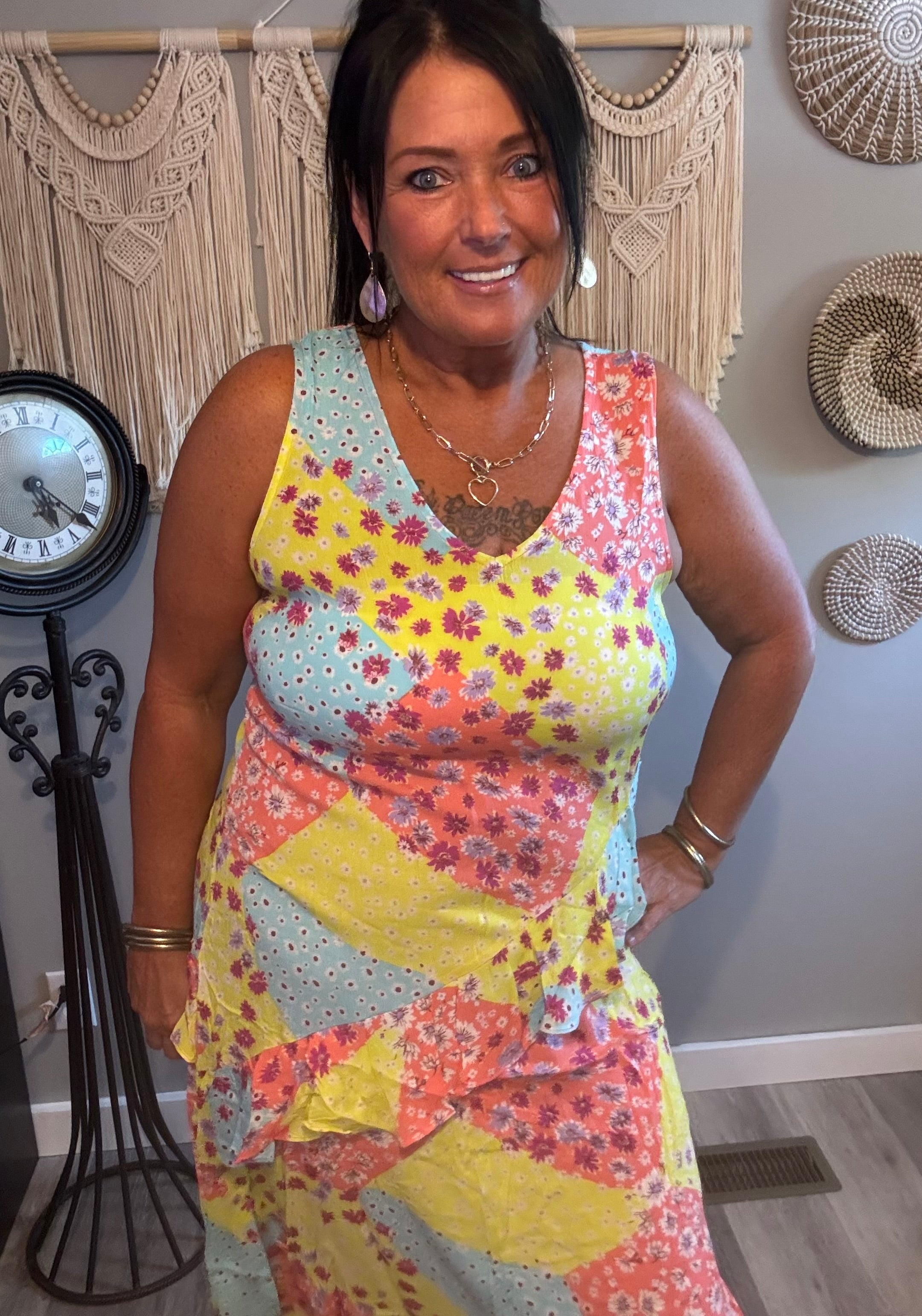 Easel Pastel Patchwork Floral Ruffle Midi Dress