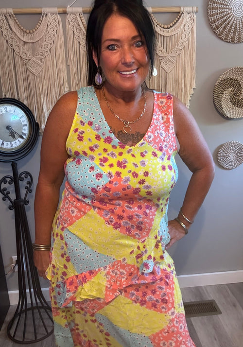 Easel Pastel Patchwork Floral Ruffle Midi Dress