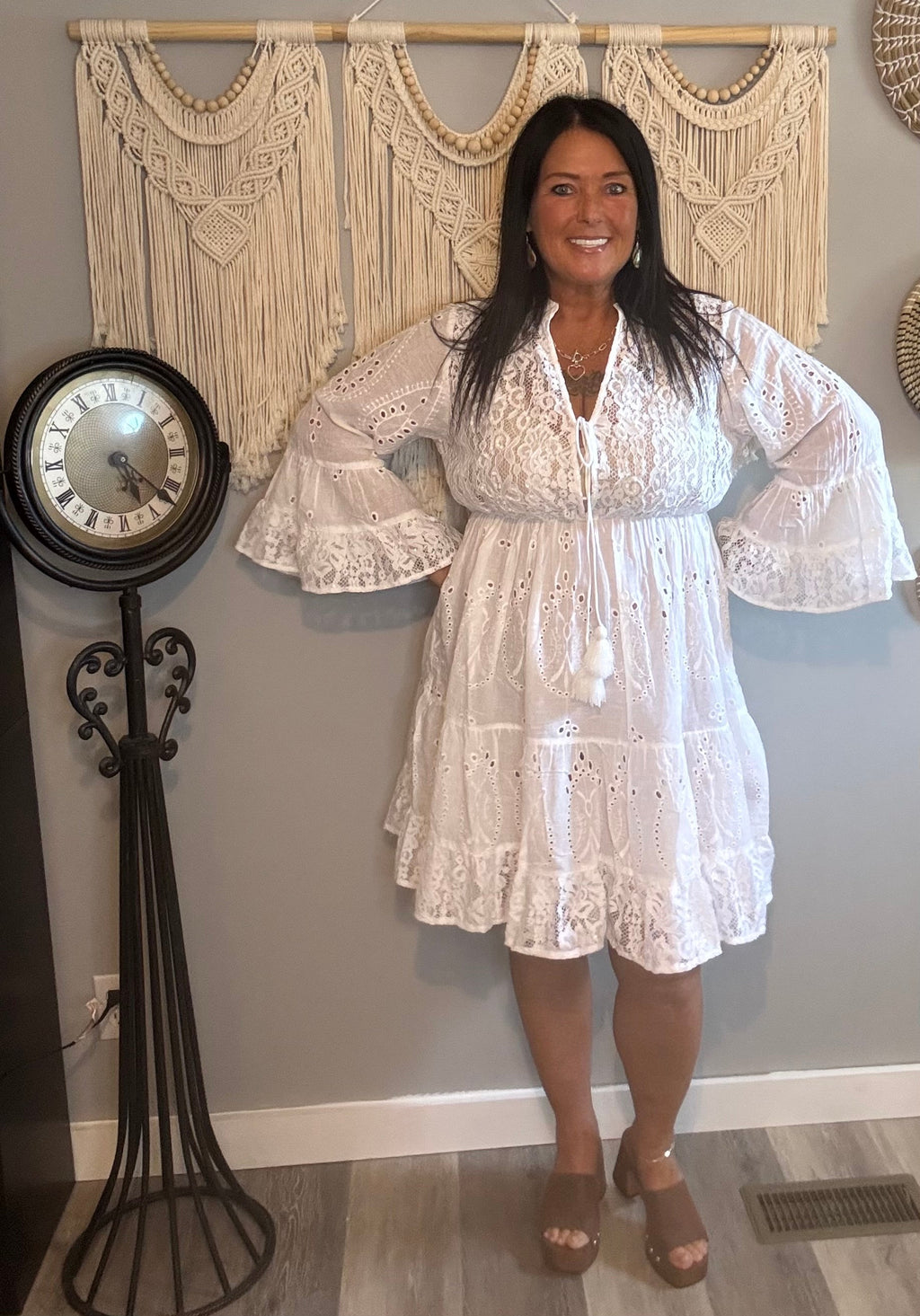 White Eyelet Bell Sleeve Boho Dress