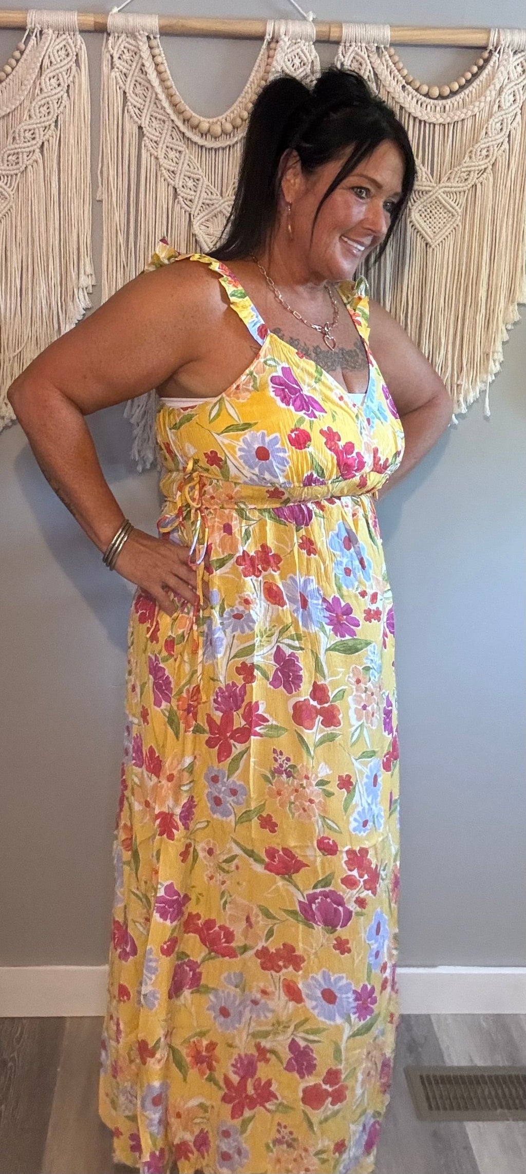 Easel Yellow Floral Ruffle Strap Maxi Dress