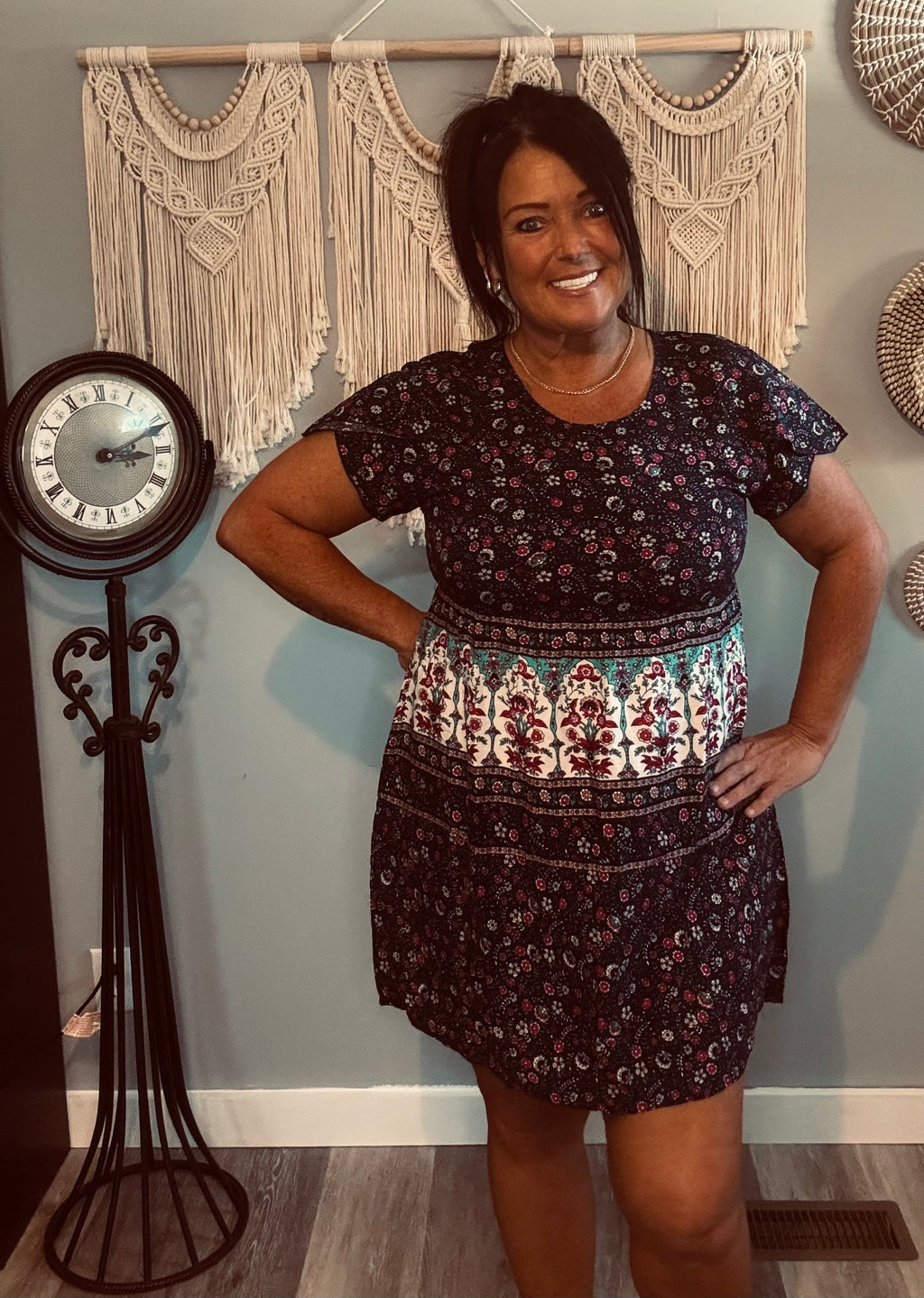 Yak & Yeti Navy Floral Border Print Dress with Pockets