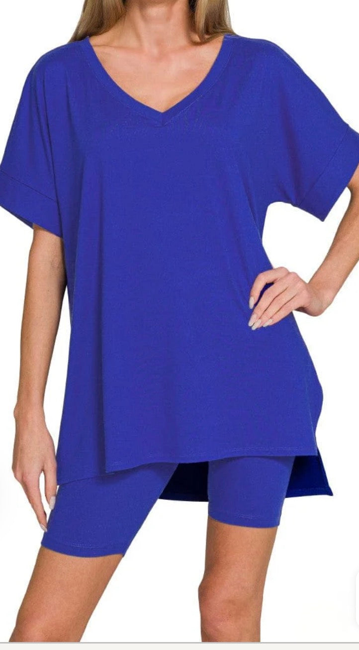 Zenana Royal Blue Oversized Tee & Biker Shorts Set